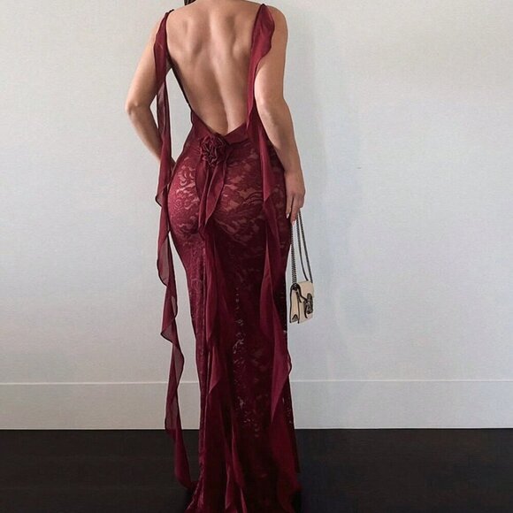 Burgundy Elegant Women's Stretchy Lace Trim Ruched Chiffon Valentine's Dress - Picture 3 of 5